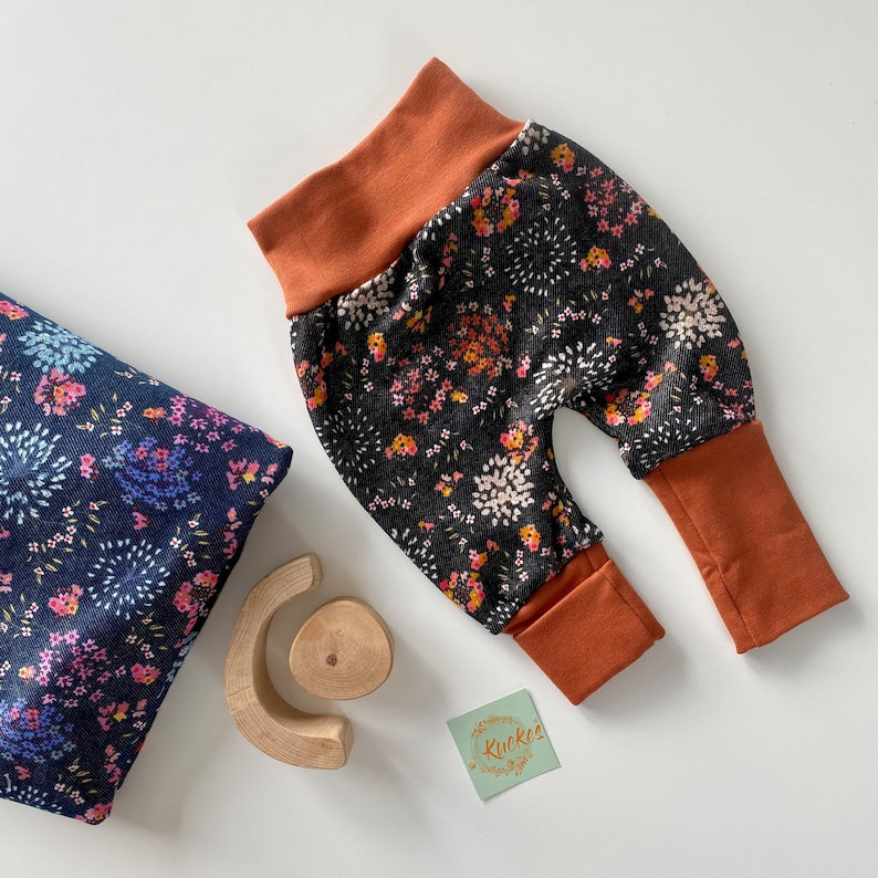 Alpenfleece harem pants in denim look with various floral patterns (lined)