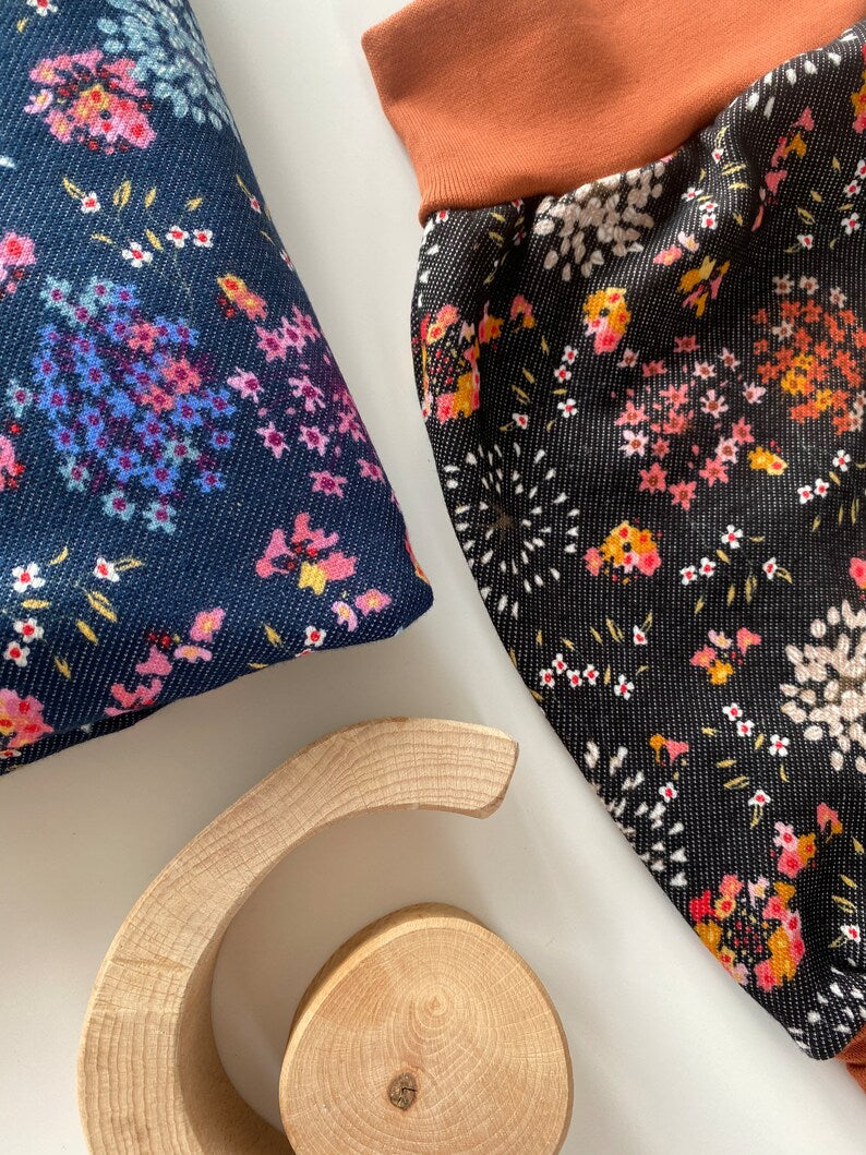Alpenfleece harem pants in denim look with various floral patterns (lined)